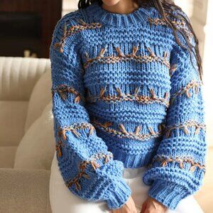 Blue Multicolor Cable Knitted Pullover Sweater